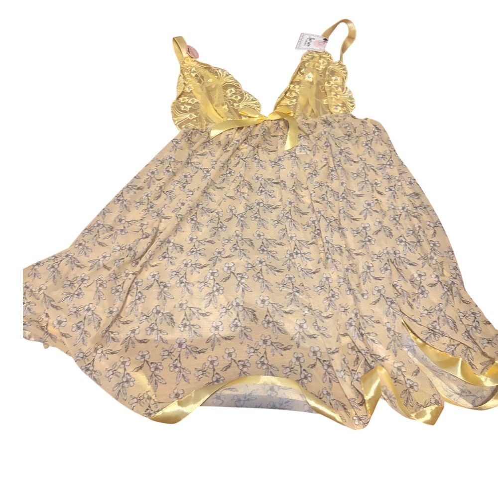 Spree Intimates Babydoll Floral Yellow Lace Sequin Lingerie Set 2X NWT Coquette